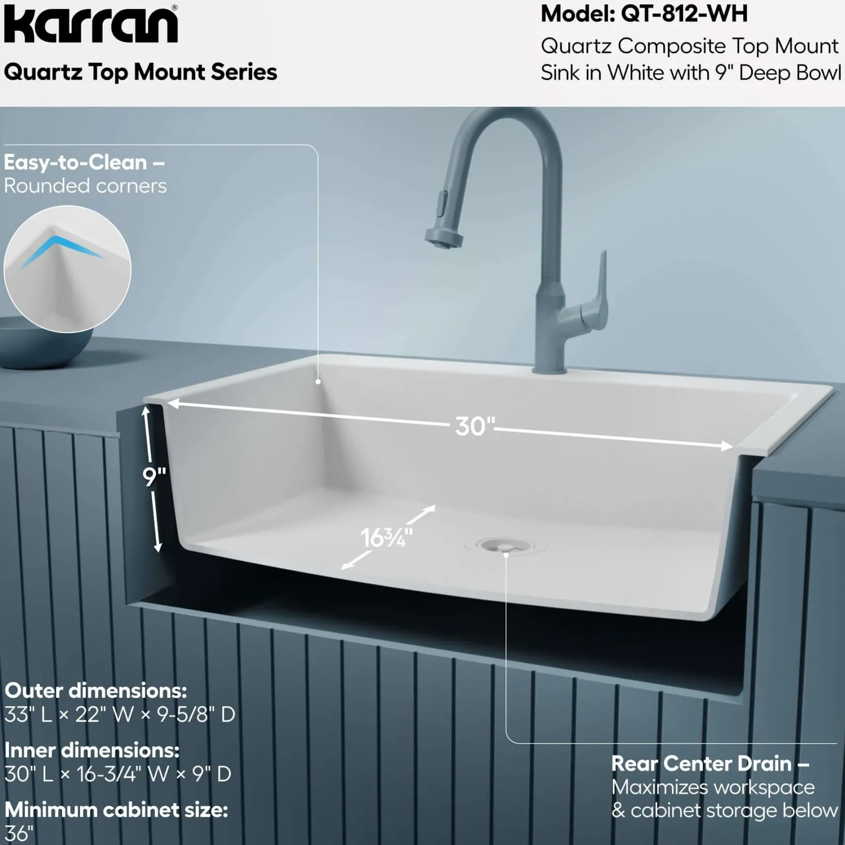 Karran 33" Drop In/Topmount Quartz Composite Kitchen Sink, White, QT-812-WH