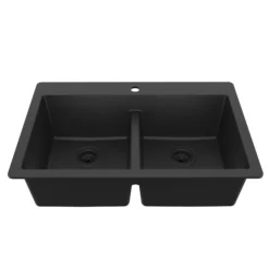 Karran 33" Drop In/Topmount Quartz Composite Kitchen Sink, 50/50 Double Bowl, Black, QT-810-BL