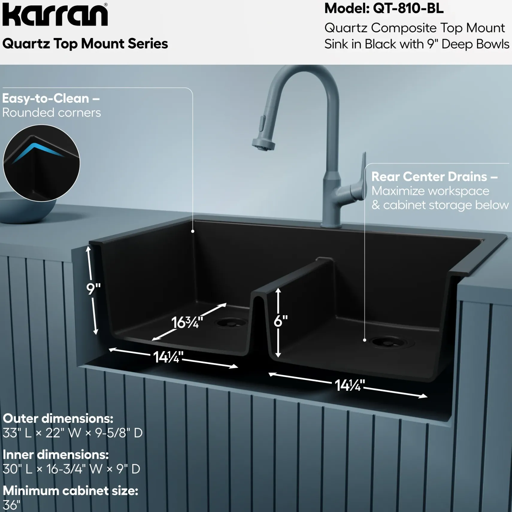 Karran 33" Drop In/Topmount Quartz Composite Kitchen Sink, 50/50 Double Bowl, Black, QT-810-BL