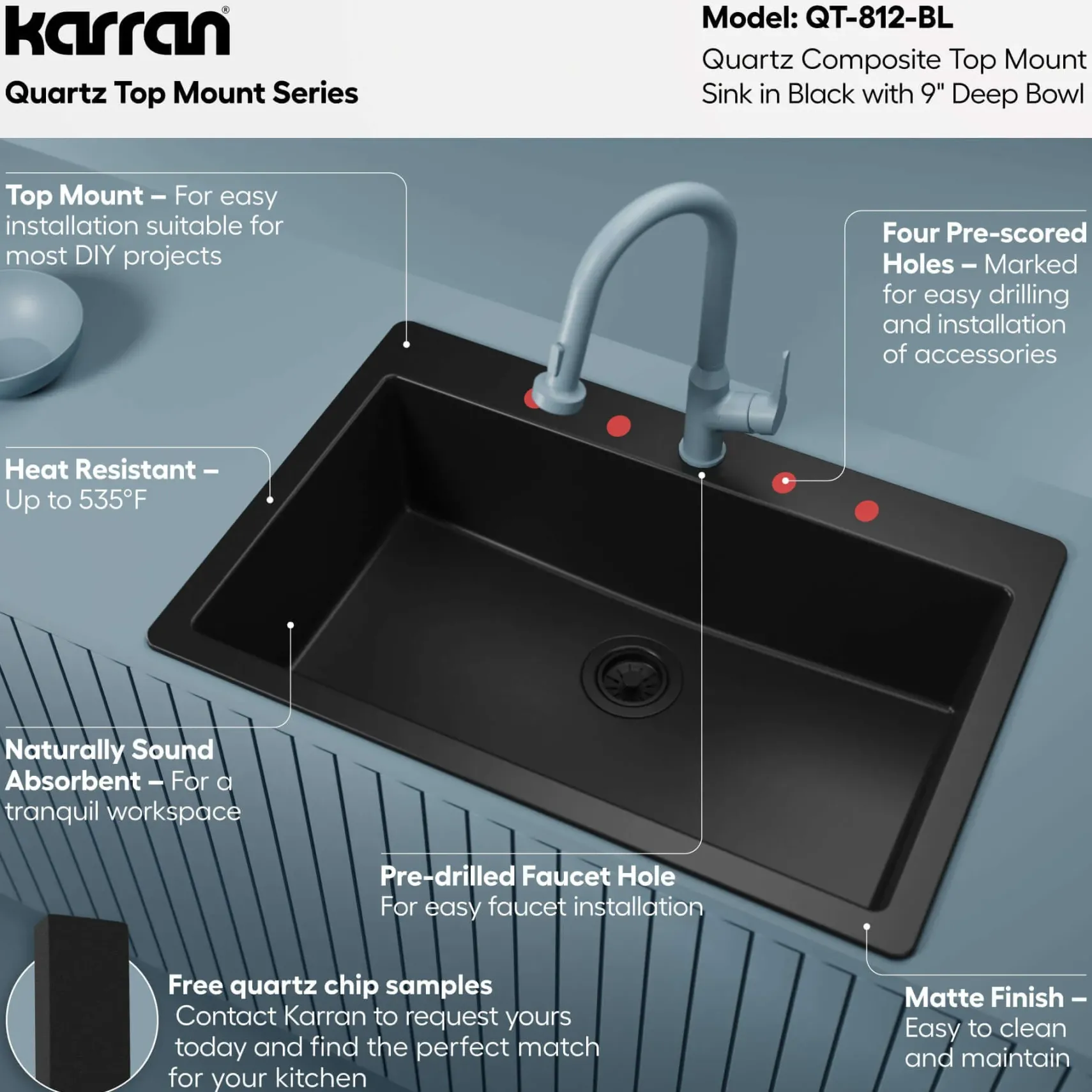 Karran 33" Drop In/Topmount Quartz Composite Kitchen Sink, Black, QT-812-BL