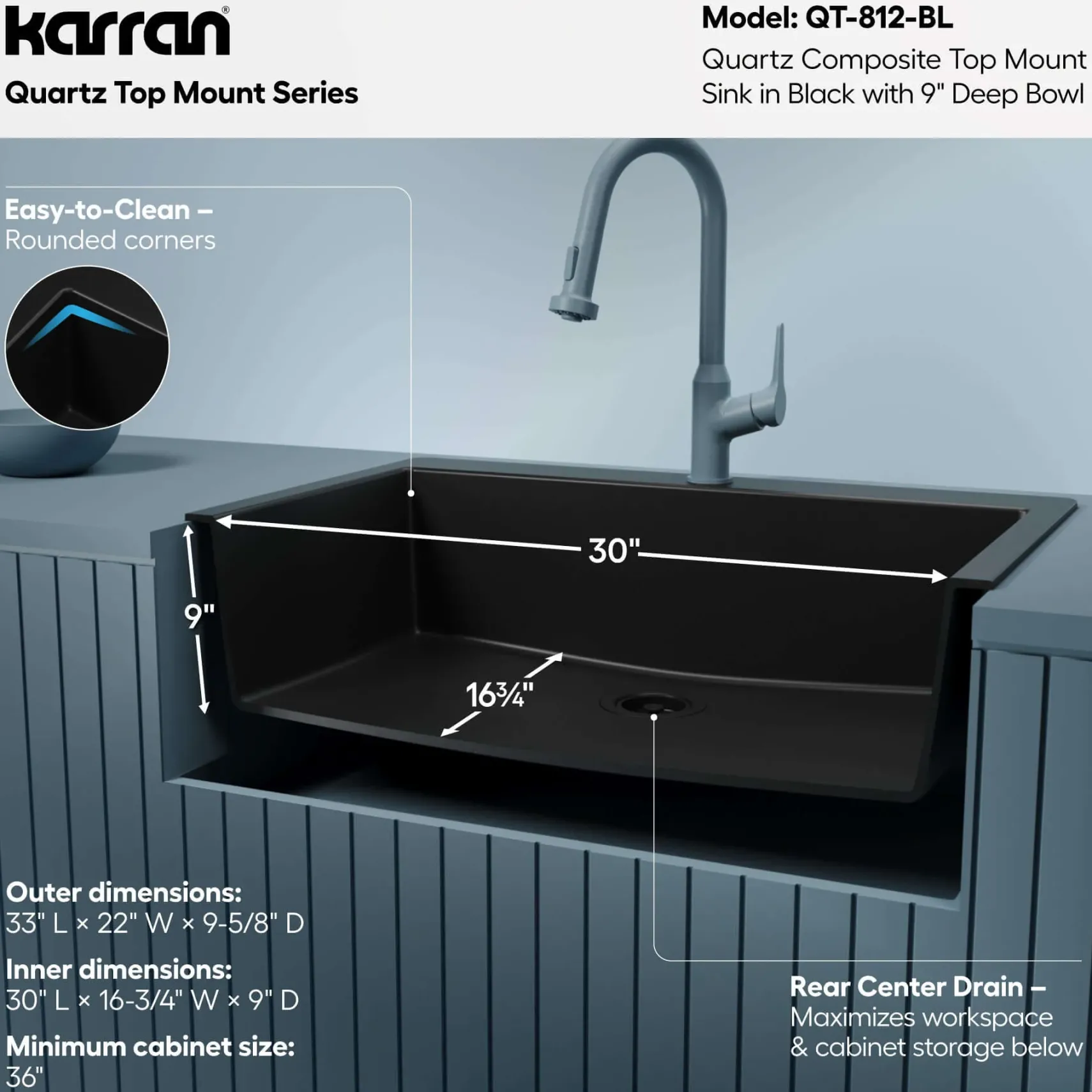 Karran 33" Drop In/Topmount Quartz Composite Kitchen Sink, Black, QT-812-BL
