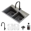 Karran 33" Drop In/Topmount Quartz Composite Kitchen Sink with Matte Black Faucet and Accessories, 50/50 Double Bowl, Grey, QT710GRKKF330MB