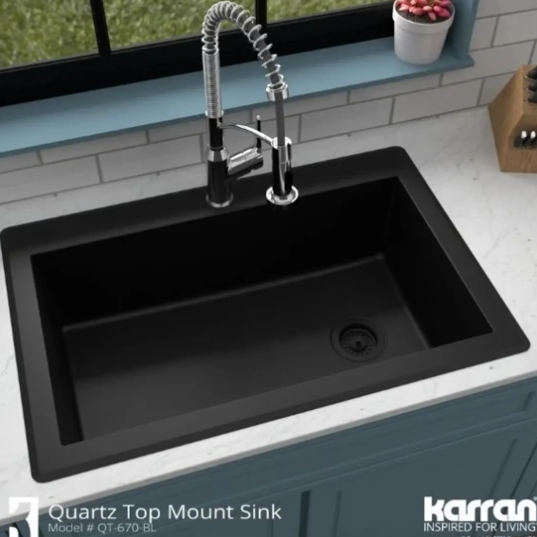 Karran 33" Drop In/Topmount Quartz Composite Kitchen Sink, Black, QT-670-BL