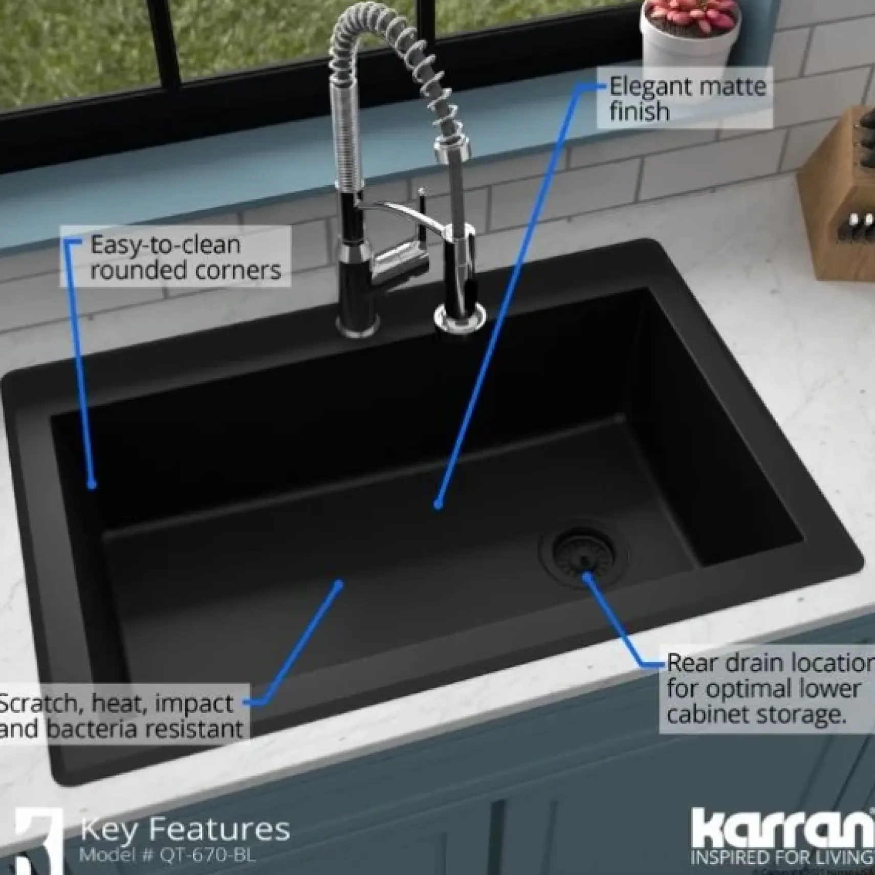 Karran 33" Drop In/Topmount Quartz Composite Kitchen Sink, Black, QT-670-BL