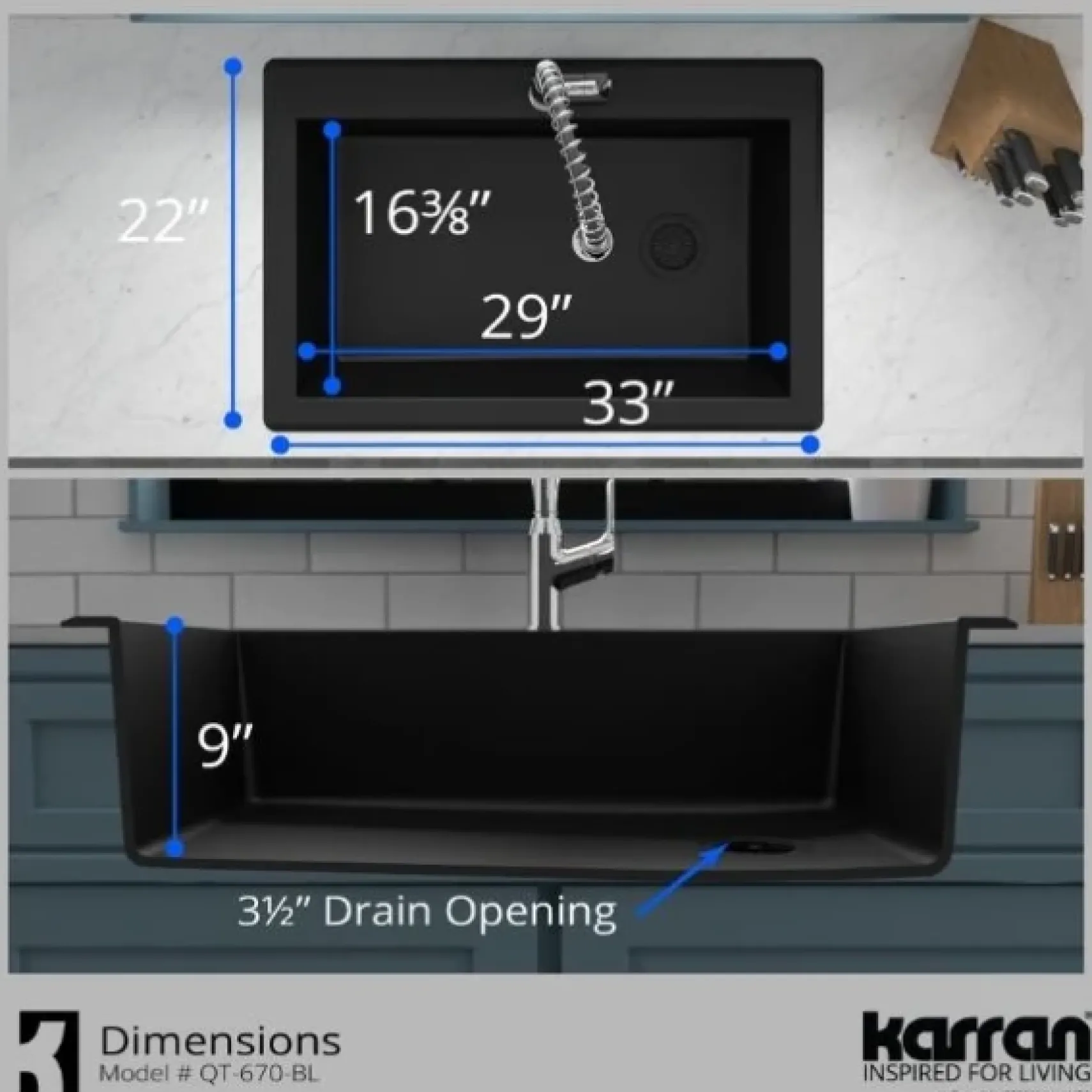 Karran 33" Drop In/Topmount Quartz Composite Kitchen Sink, Black, QT-670-BL