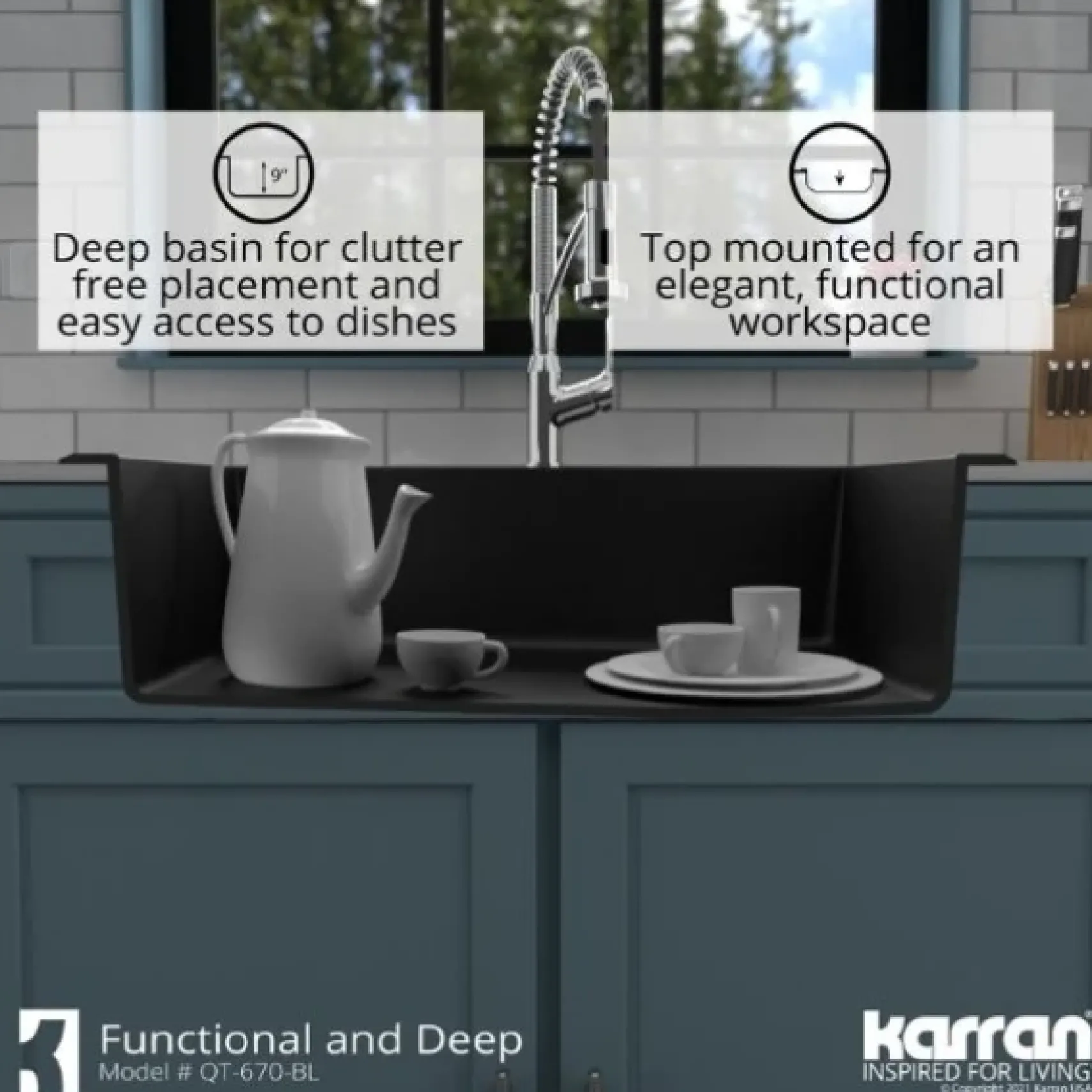 Karran 33" Drop In/Topmount Quartz Composite Kitchen Sink, Black, QT-670-BL