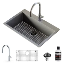 Karran 33" Drop In/Topmount Quartz Composite Kitchen Sink with Stainless Steel Faucet and Accessories, Grey, QT812GRKKF350SS