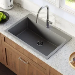 Karran 33" Drop In/Topmount Quartz Composite Kitchen Sink with Stainless Steel Faucet and Accessories, Grey, QT812GRKKF350SS