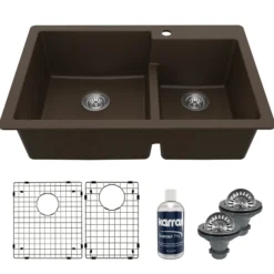 Karran 33" Drop In/Topmount Quartz Composite Kitchen Sink with Accessories, 60/40 Double Bowl, Brown, QT-811-BR-PK1