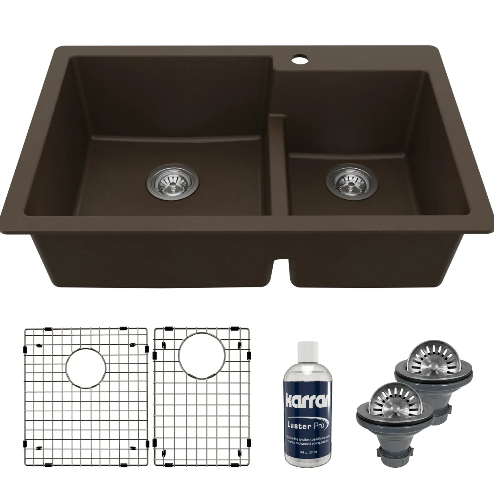 Karran 33" Drop In/Topmount Quartz Composite Kitchen Sink with Accessories, 60/40 Double Bowl, Brown, QT-811-BR-PK1