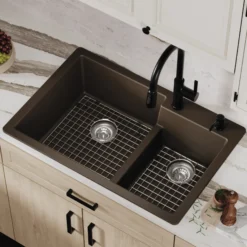 Karran 33" Drop In/Topmount Quartz Composite Kitchen Sink with Accessories, 60/40 Double Bowl, Brown, QT-811-BR-PK1