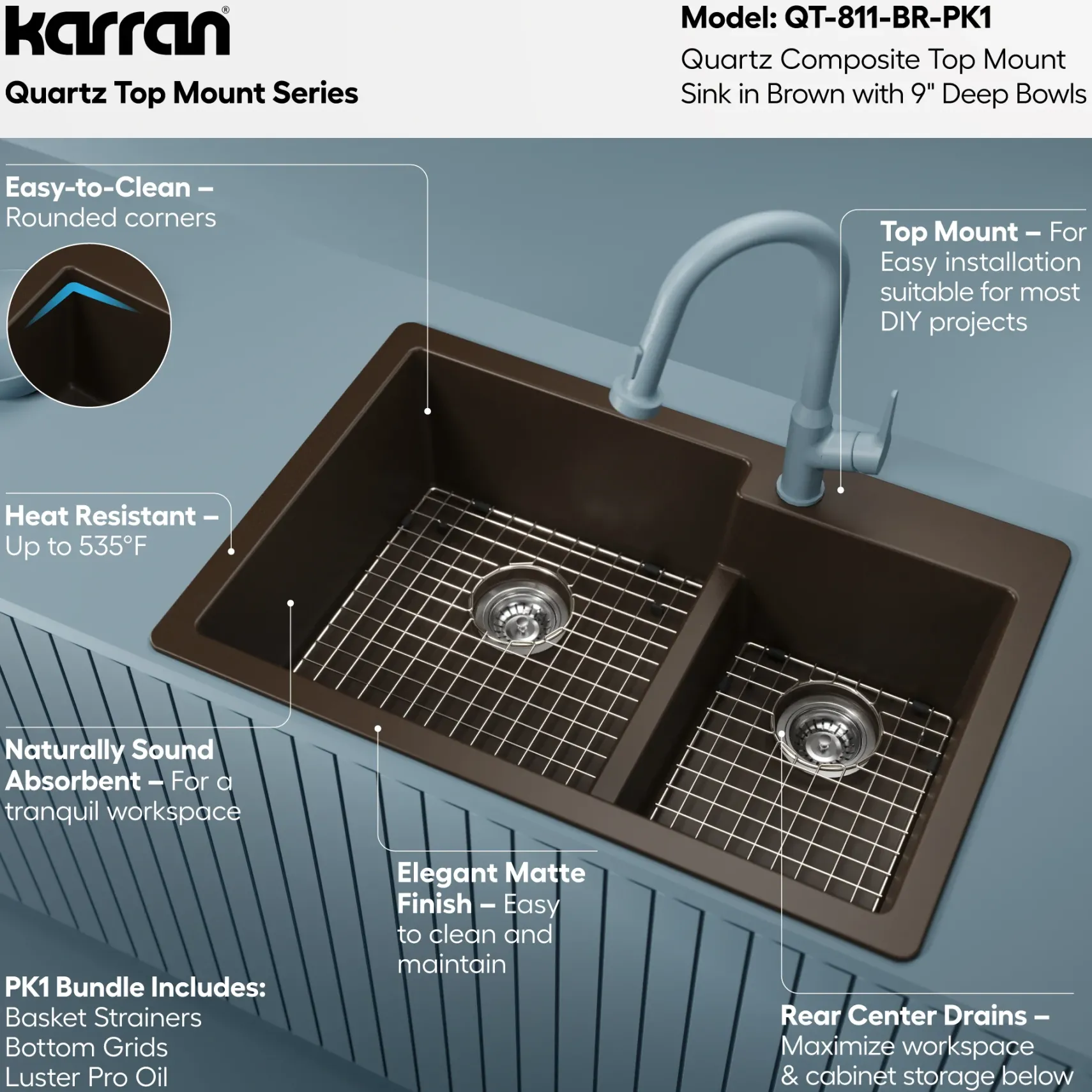 Karran 33" Drop In/Topmount Quartz Composite Kitchen Sink with Accessories, 60/40 Double Bowl, Brown, QT-811-BR-PK1