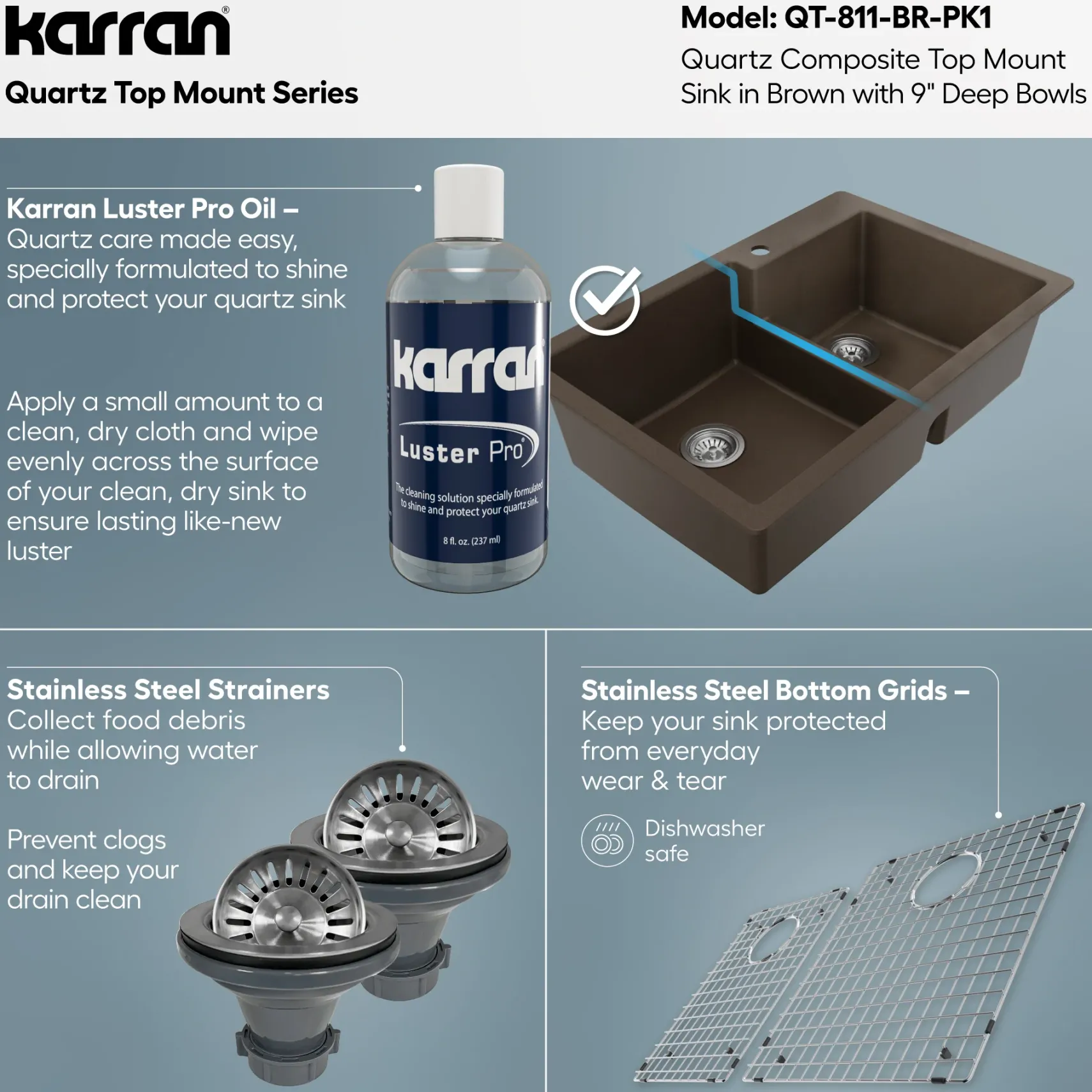 Karran 33" Drop In/Topmount Quartz Composite Kitchen Sink with Accessories, 60/40 Double Bowl, Brown, QT-811-BR-PK1