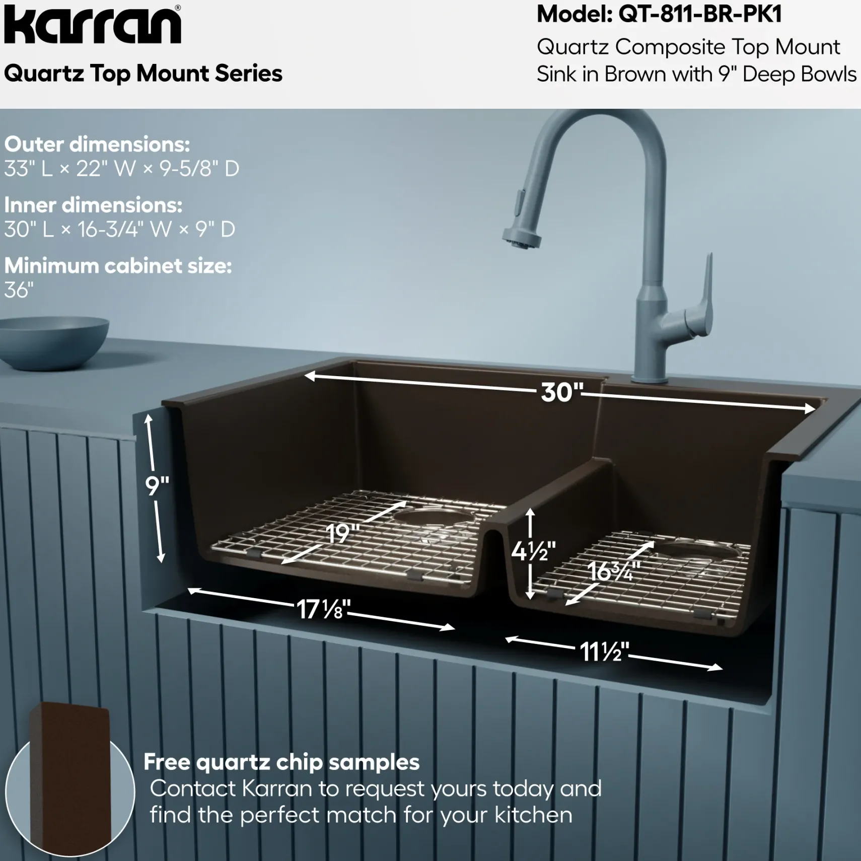 Karran 33" Drop In/Topmount Quartz Composite Kitchen Sink with Accessories, 60/40 Double Bowl, Brown, QT-811-BR-PK1