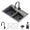 Karran 33" Drop In/Topmount Quartz Composite Kitchen Sink with Matte Black Faucet and Accessories, 50/50 Double Bowl, Grey, QT810GRKKF340MB
