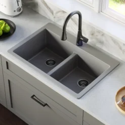 Karran 33" Drop In/Topmount Quartz Composite Kitchen Sink with Matte Black Faucet and Accessories, 50/50 Double Bowl, Grey, QT810GRKKF340MB