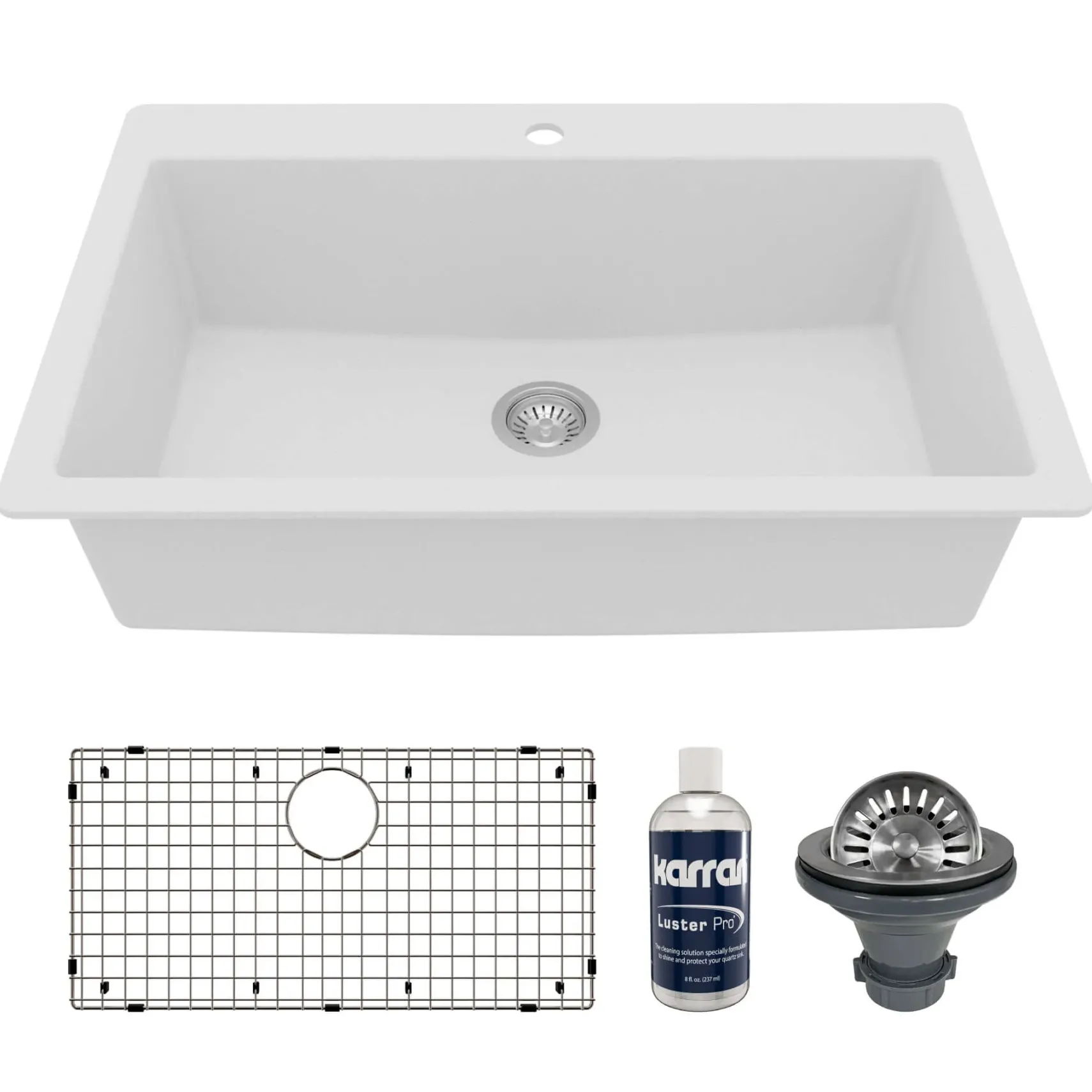 Karran 33" Drop In/Topmount Quartz Composite Kitchen Sink with Accessories, White, QT-812-WH-PK1