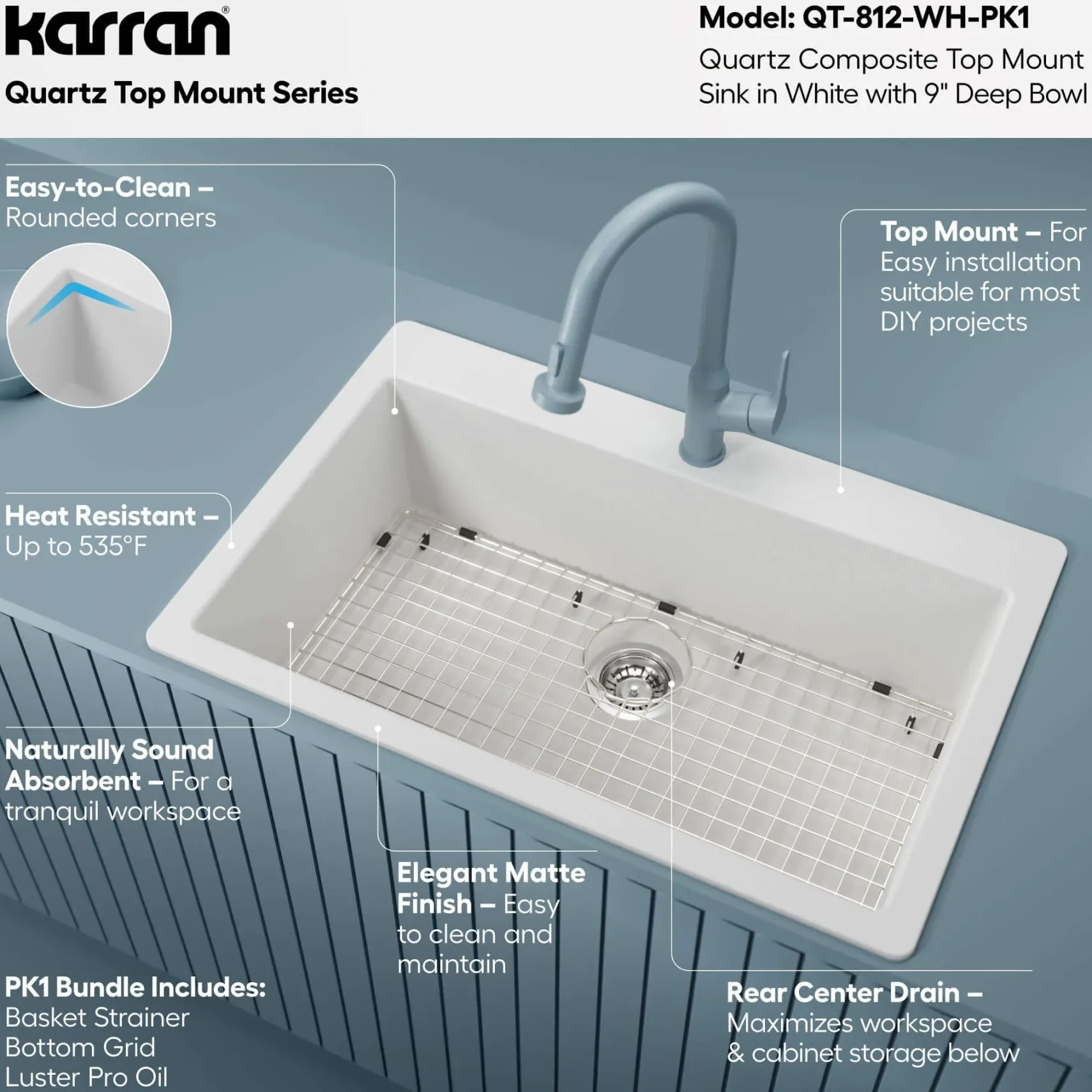 Karran 33" Drop In/Topmount Quartz Composite Kitchen Sink with Accessories, White, QT-812-WH-PK1