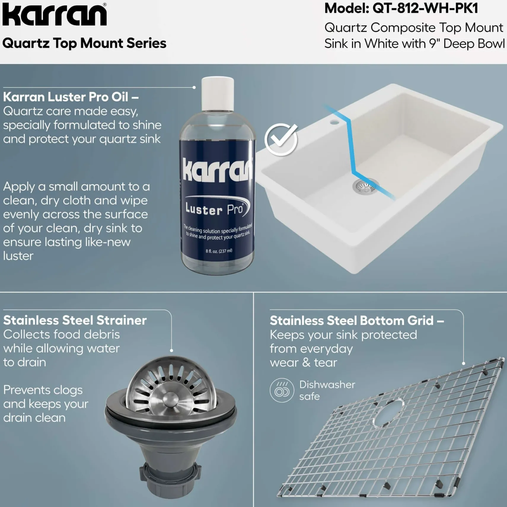 Karran 33" Drop In/Topmount Quartz Composite Kitchen Sink with Accessories, White, QT-812-WH-PK1