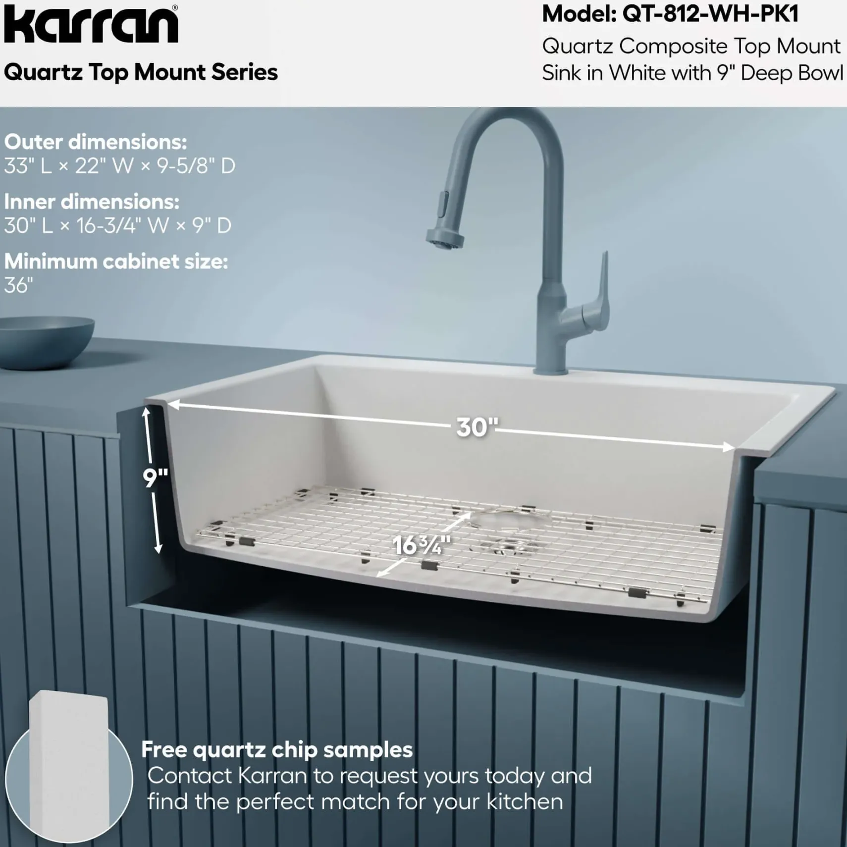 Karran 33" Drop In/Topmount Quartz Composite Kitchen Sink with Accessories, White, QT-812-WH-PK1