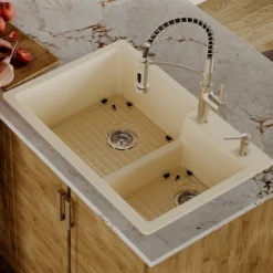 Karran 33" Drop In/Topmount Quartz Composite Kitchen Sink with Accessories, 60/40 Double Bowl, Bisque, QT-811-BI-PK1