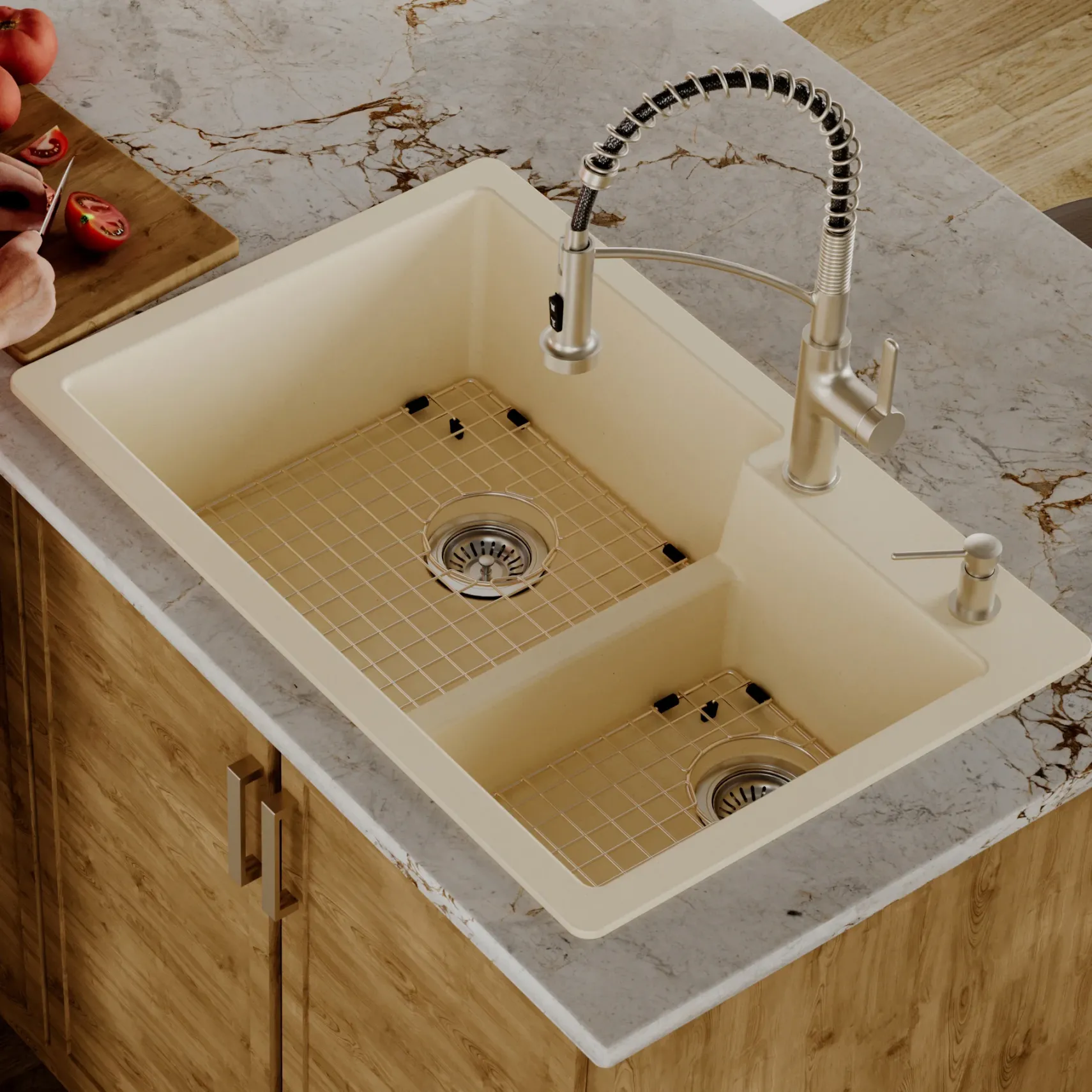 Karran 33" Drop In/Topmount Quartz Composite Kitchen Sink with Accessories, 60/40 Double Bowl, Bisque, QT-811-BI-PK1