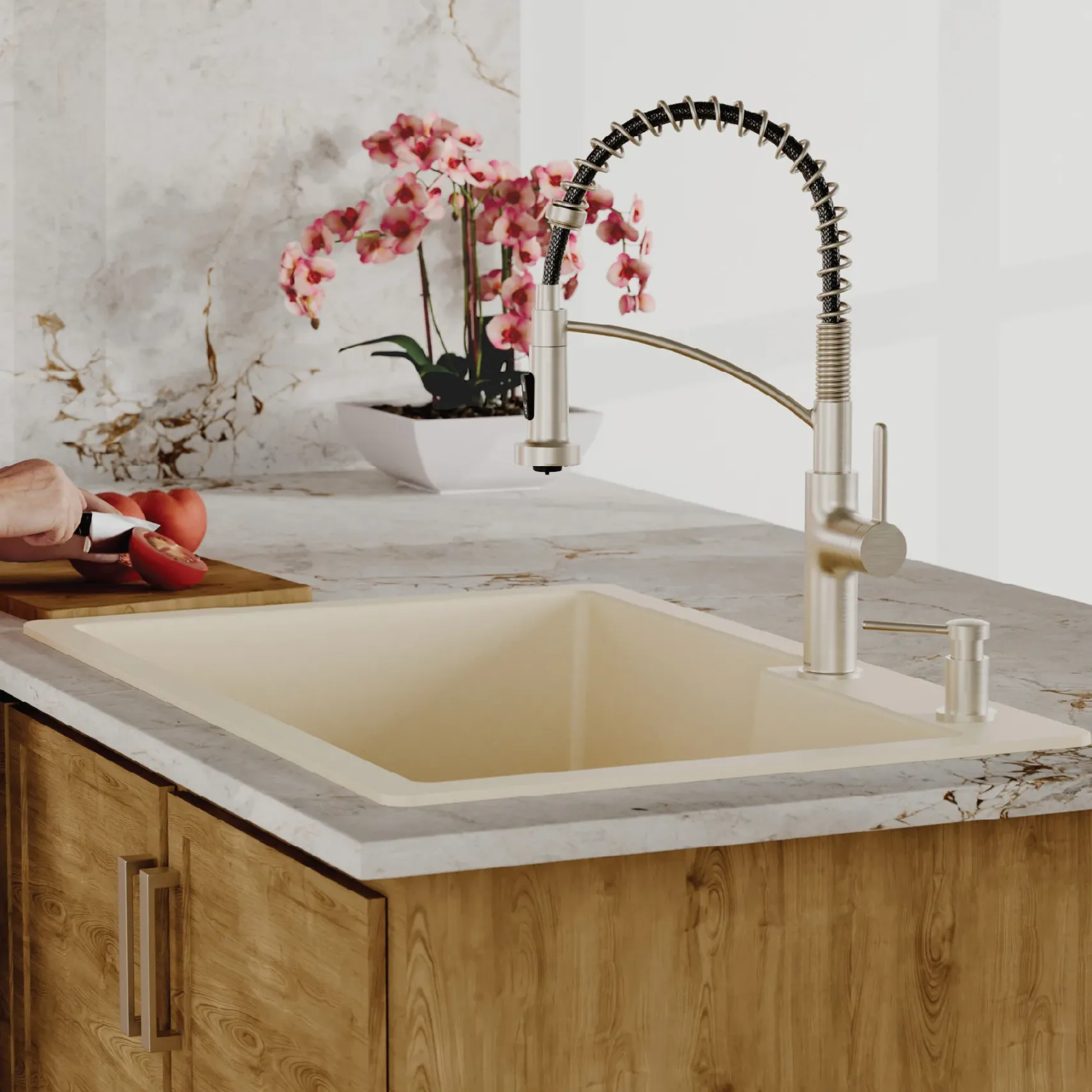 Karran 33" Drop In/Topmount Quartz Composite Kitchen Sink with Accessories, 60/40 Double Bowl, Bisque, QT-811-BI-PK1