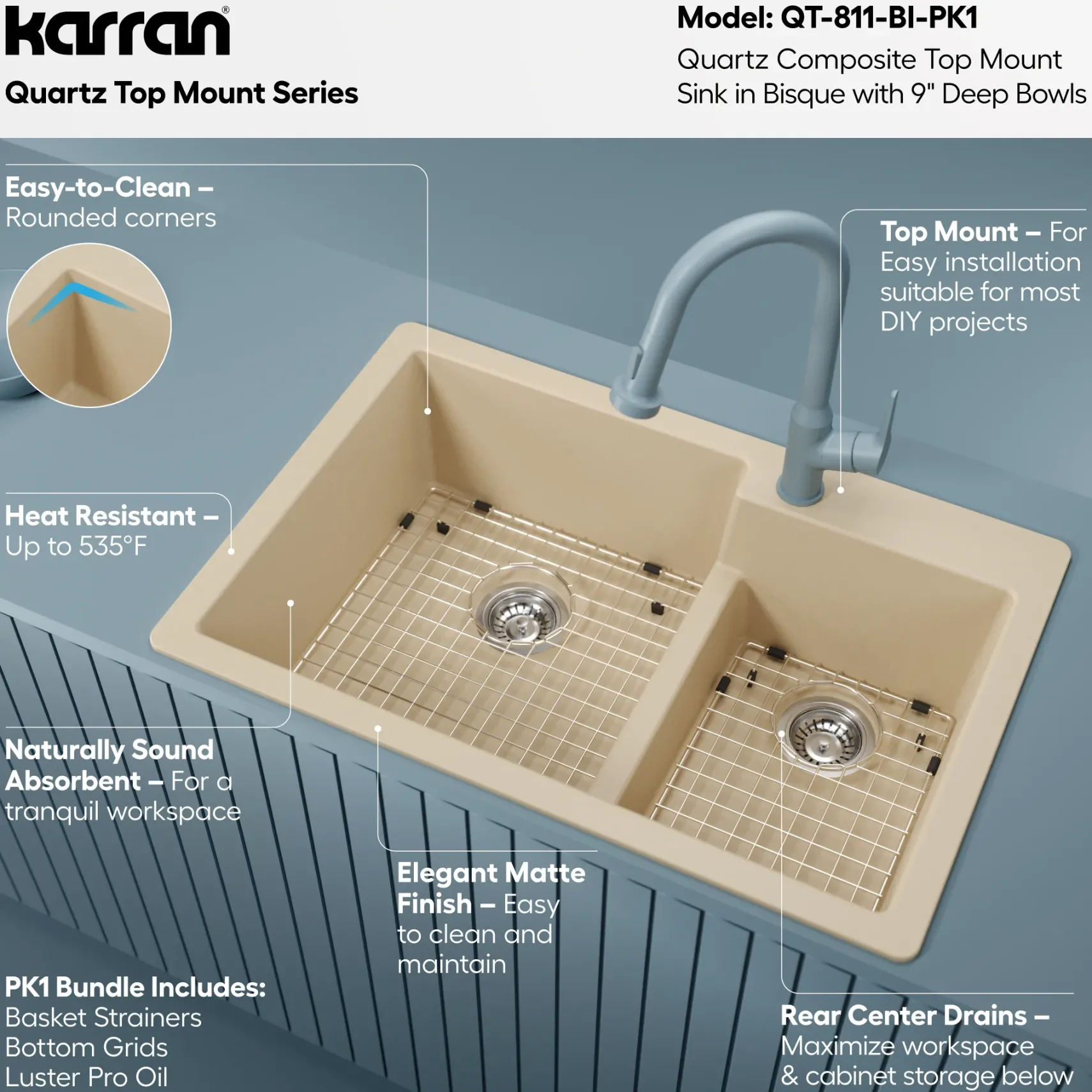 Karran 33" Drop In/Topmount Quartz Composite Kitchen Sink with Accessories, 60/40 Double Bowl, Bisque, QT-811-BI-PK1