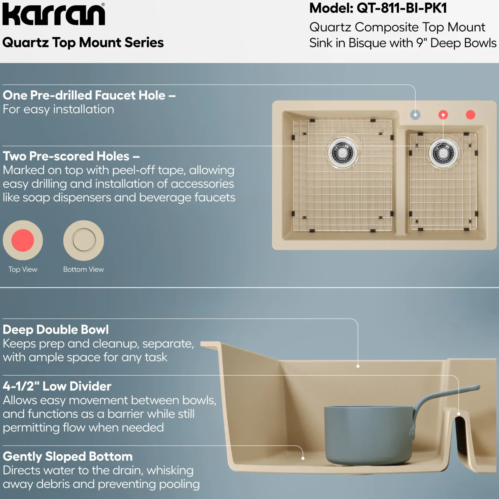 Karran 33" Drop In/Topmount Quartz Composite Kitchen Sink with Accessories, 60/40 Double Bowl, Bisque, QT-811-BI-PK1