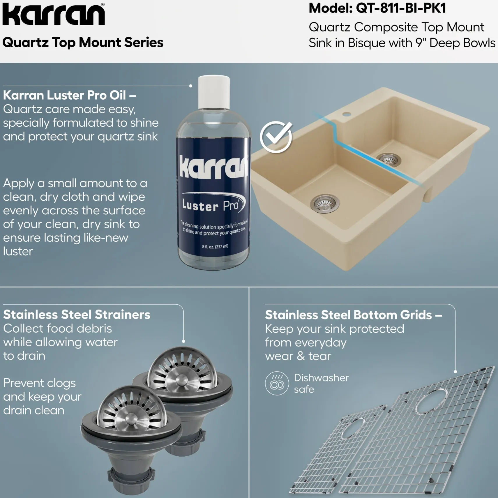 Karran 33" Drop In/Topmount Quartz Composite Kitchen Sink with Accessories, 60/40 Double Bowl, Bisque, QT-811-BI-PK1