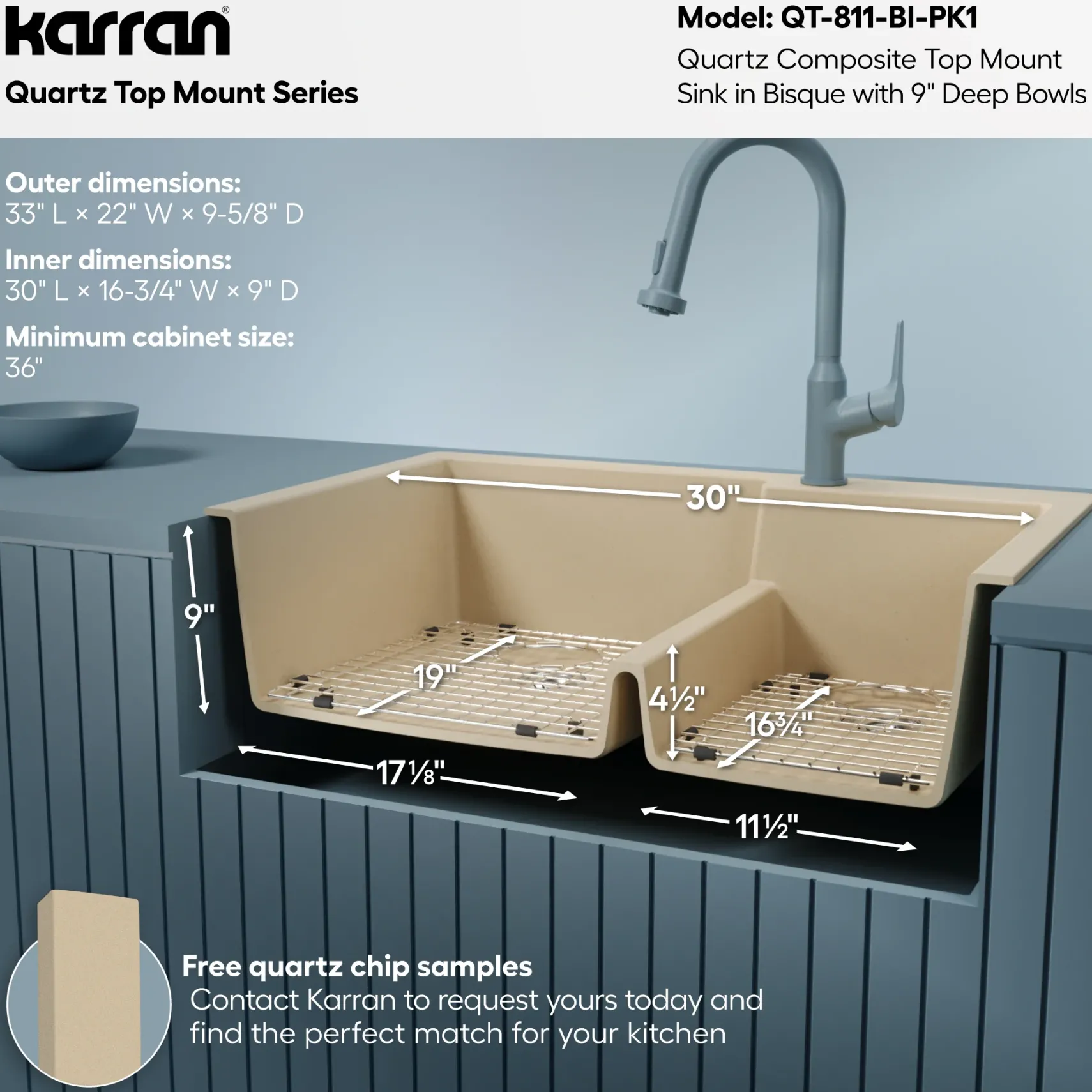 Karran 33" Drop In/Topmount Quartz Composite Kitchen Sink with Accessories, 60/40 Double Bowl, Bisque, QT-811-BI-PK1