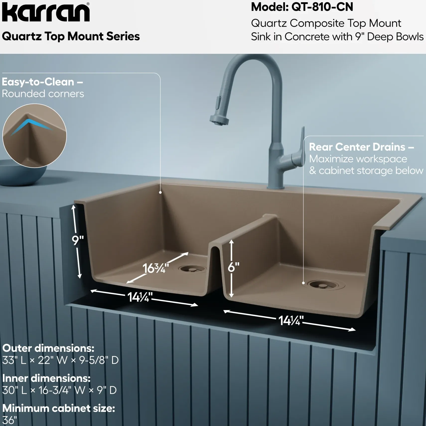 Karran 33" Drop In/Topmount Quartz Composite Kitchen Sink, 50/50 Double Bowl, Concrete, QT-810-CN