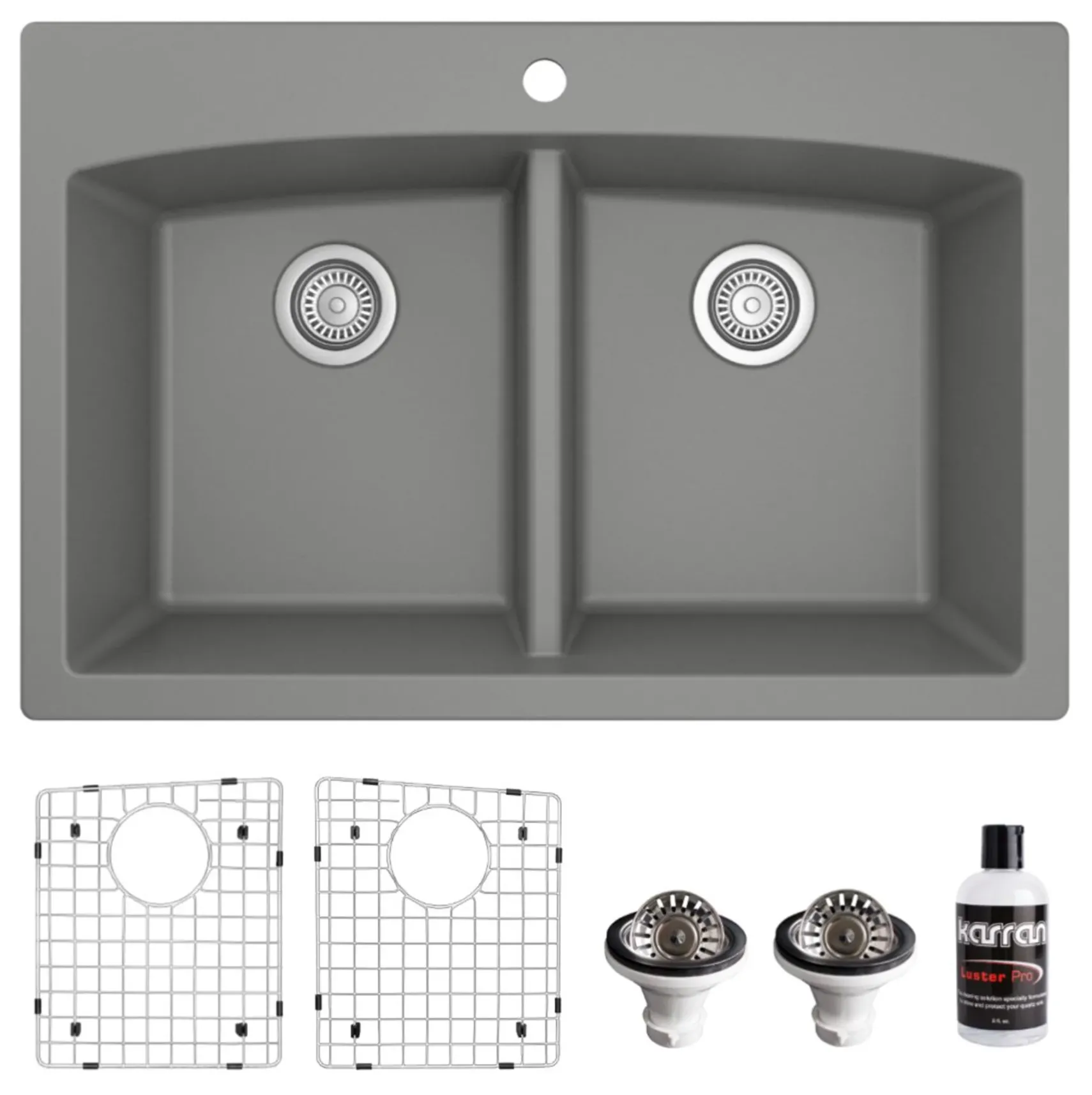Karran 33" Drop In/Topmount Quartz Composite Kitchen Sink, 50/50 Double Bowl, Grey, QT-710-GR-PK1