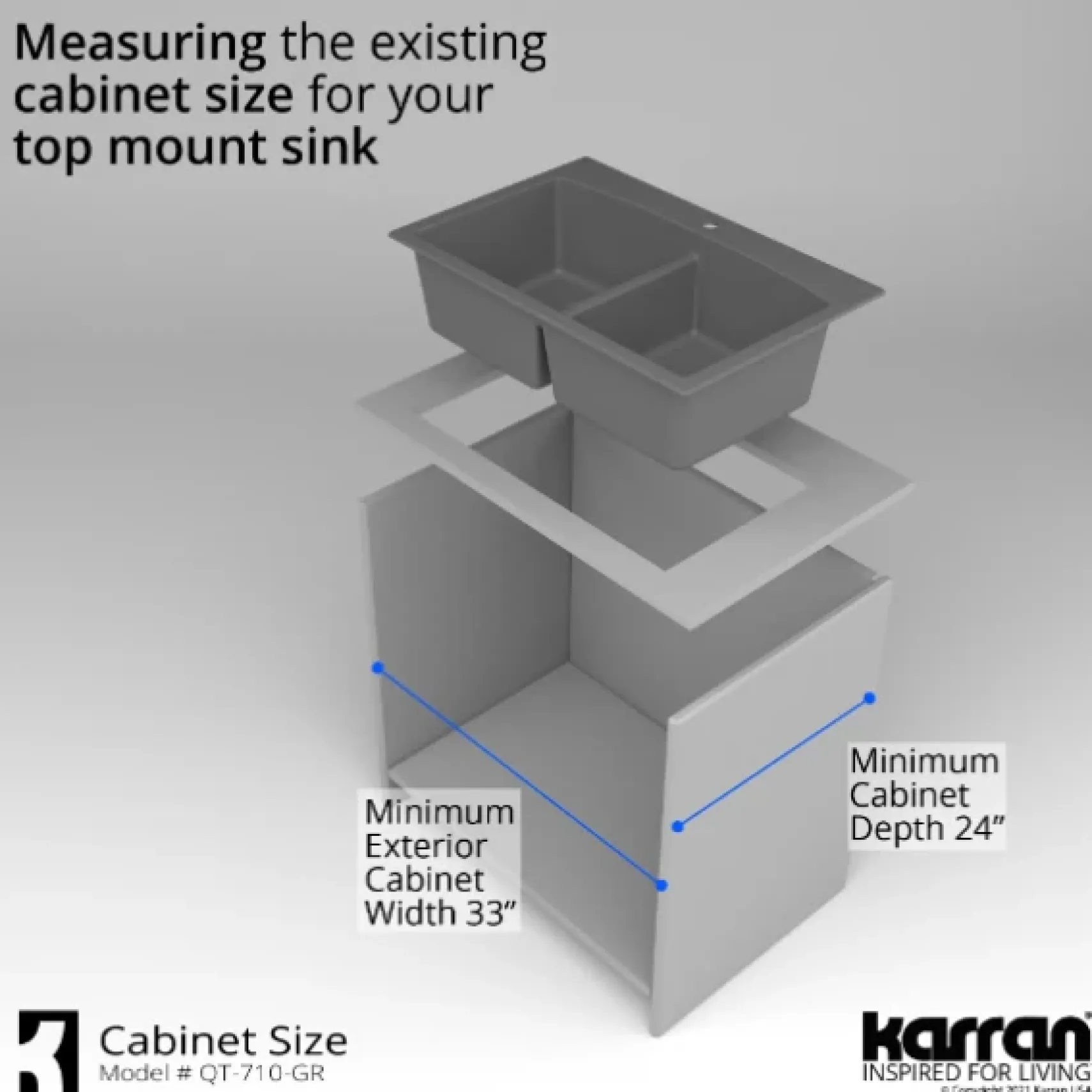 Karran 33" Drop In/Topmount Quartz Composite Kitchen Sink, 50/50 Double Bowl, Grey, QT-710-GR-PK1