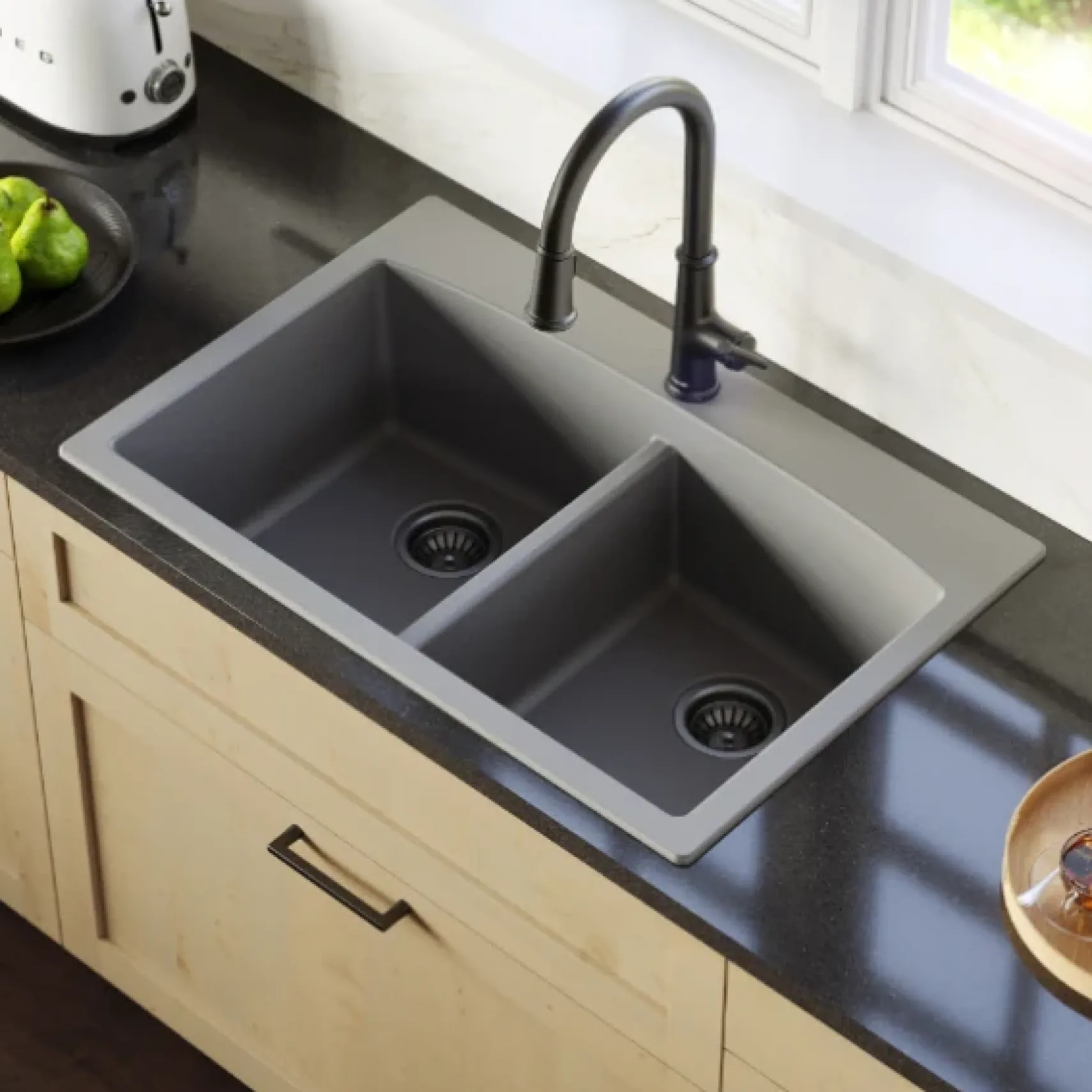 Karran 33" Drop In/Topmount Quartz Composite Kitchen Sink, 50/50 Double Bowl, Grey, QT-710-GR-PK1