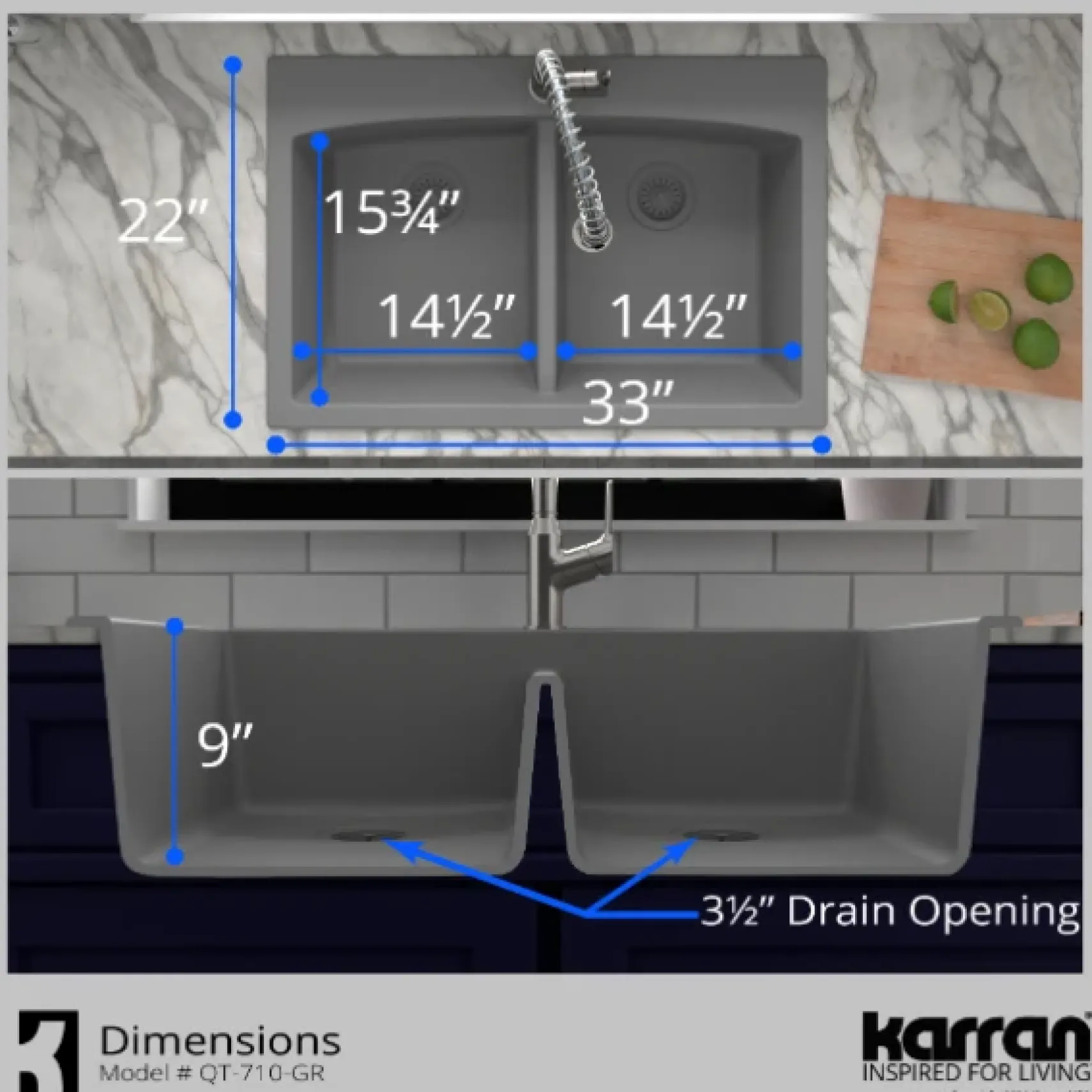Karran 33" Drop In/Topmount Quartz Composite Kitchen Sink, 50/50 Double Bowl, Grey, QT-710-GR-PK1