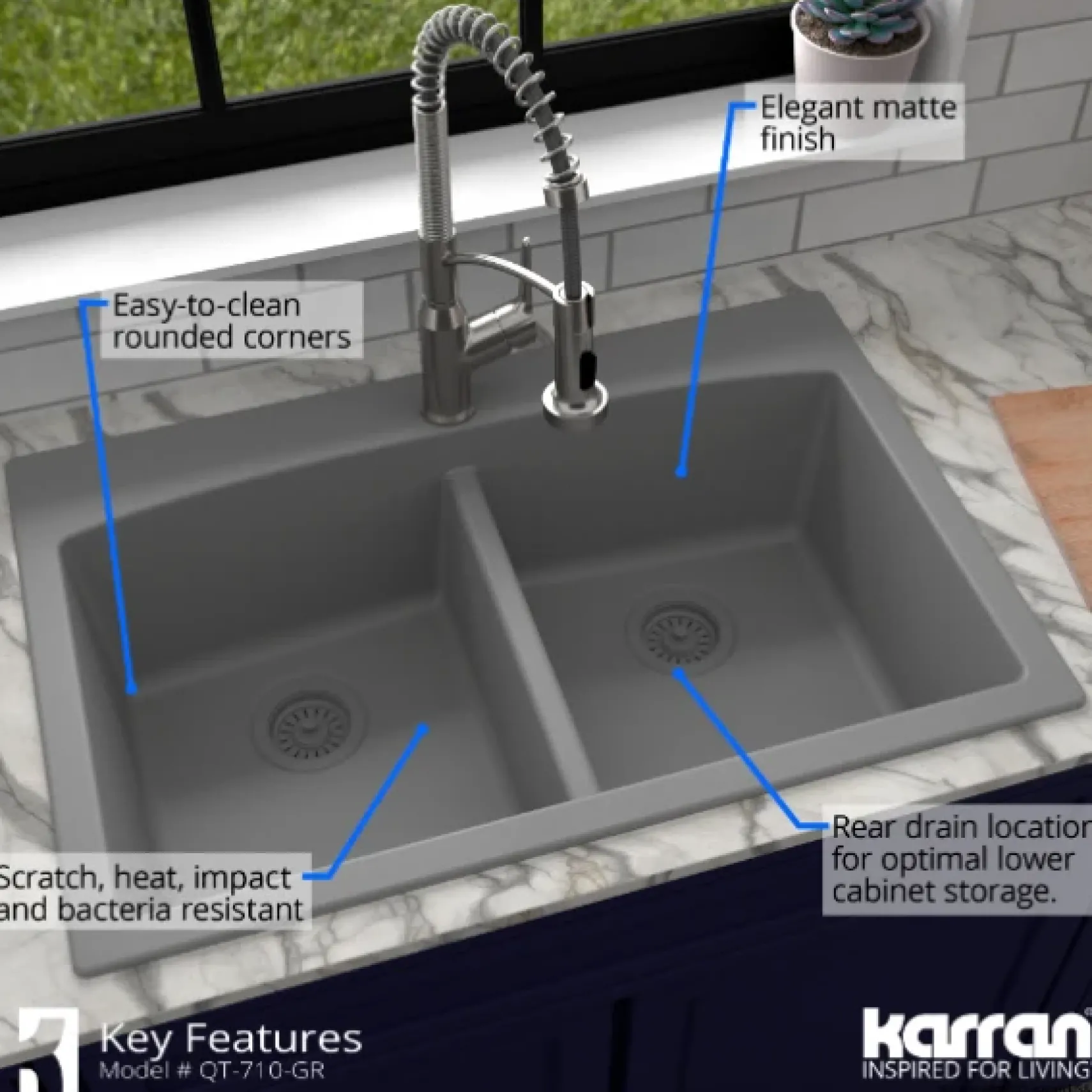 Karran 33" Drop In/Topmount Quartz Composite Kitchen Sink, 50/50 Double Bowl, Grey, QT-710-GR-PK1