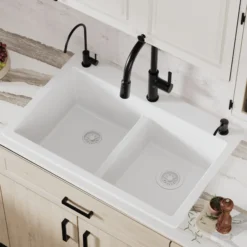Karran 33" Drop In/Topmount Quartz Composite Kitchen Sink, 50/50 Double Bowl, White, QT-810-WH