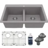 Karran 33" Drop In/Topmount Quartz Composite Kitchen Sink Kit, 50/50 Double Bowl, Grey, QT-810-GR-PK1