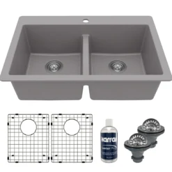 Karran 33" Drop In/Topmount Quartz Composite Kitchen Sink Kit, 50/50 Double Bowl, Grey, QT-810-GR-PK1