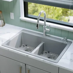 Karran 33" Drop In/Topmount Quartz Composite Kitchen Sink Kit, 50/50 Double Bowl, Grey, QT-810-GR-PK1