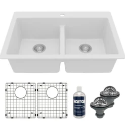 Karran 33" Drop In/Topmount Quartz Composite Kitchen Sink with Accessories, 50/50 Double Bowl, White, QT-810-WH-PK1