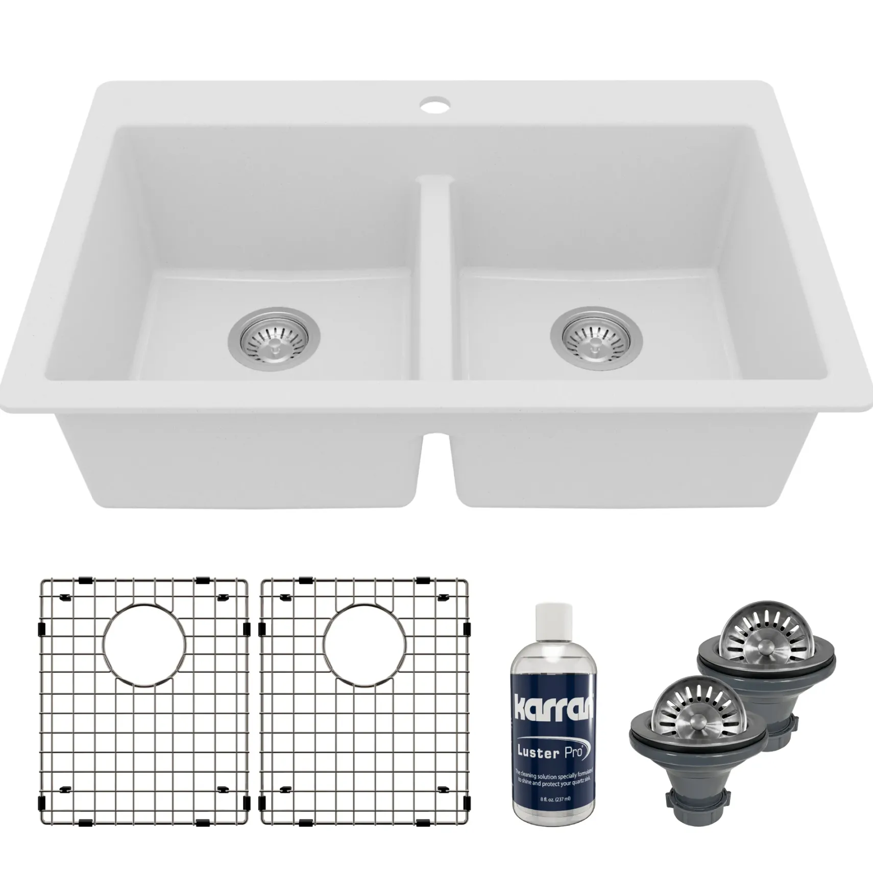 Karran 33" Drop In/Topmount Quartz Composite Kitchen Sink with Accessories, 50/50 Double Bowl, White, QT-810-WH-PK1