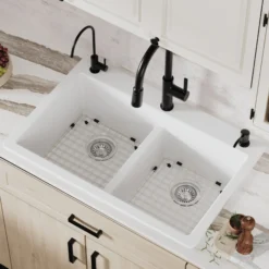 Karran 33" Drop In/Topmount Quartz Composite Kitchen Sink with Accessories, 50/50 Double Bowl, White, QT-810-WH-PK1