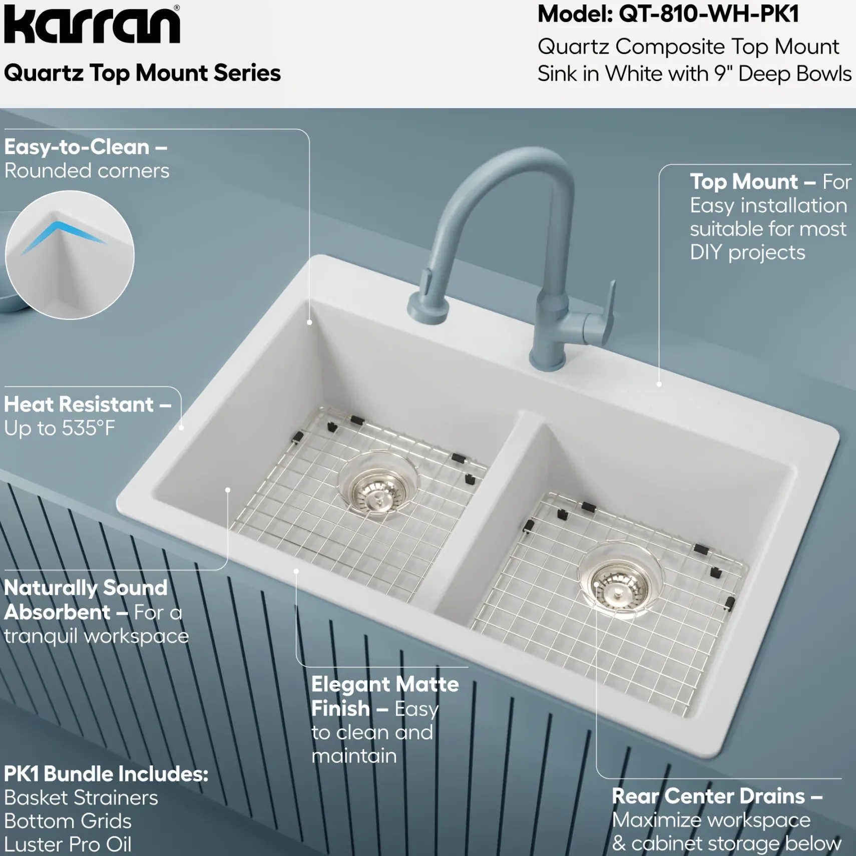Karran 33" Drop In/Topmount Quartz Composite Kitchen Sink with Accessories, 50/50 Double Bowl, White, QT-810-WH-PK1
