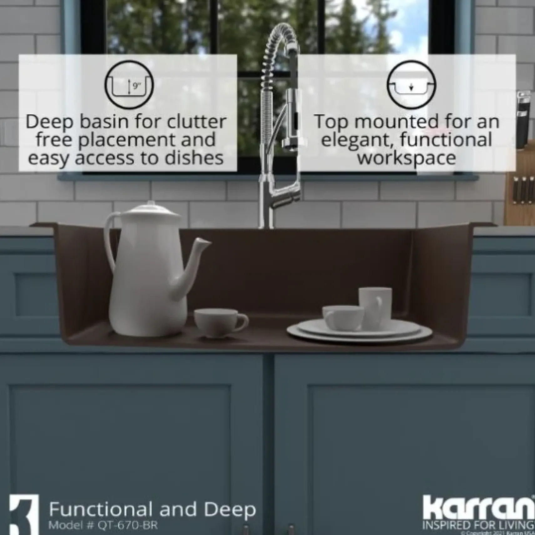 Karran 33" Drop In/Topmount Quartz Composite Kitchen Sink, Brown, QT-670-BR