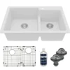 Karran 33" Drop In/Topmount Quartz Composite Kitchen Sink with Accessories, 60/40 Double Bowl, White, QT-811-WH-PK1