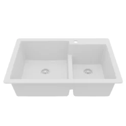 Karran 33" Drop In/Topmount Quartz Composite Kitchen Sink, 60/40 Double Bowl, White, QT-811-WH