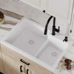 Karran 33" Drop In/Topmount Quartz Composite Kitchen Sink, 60/40 Double Bowl, White, QT-811-WH