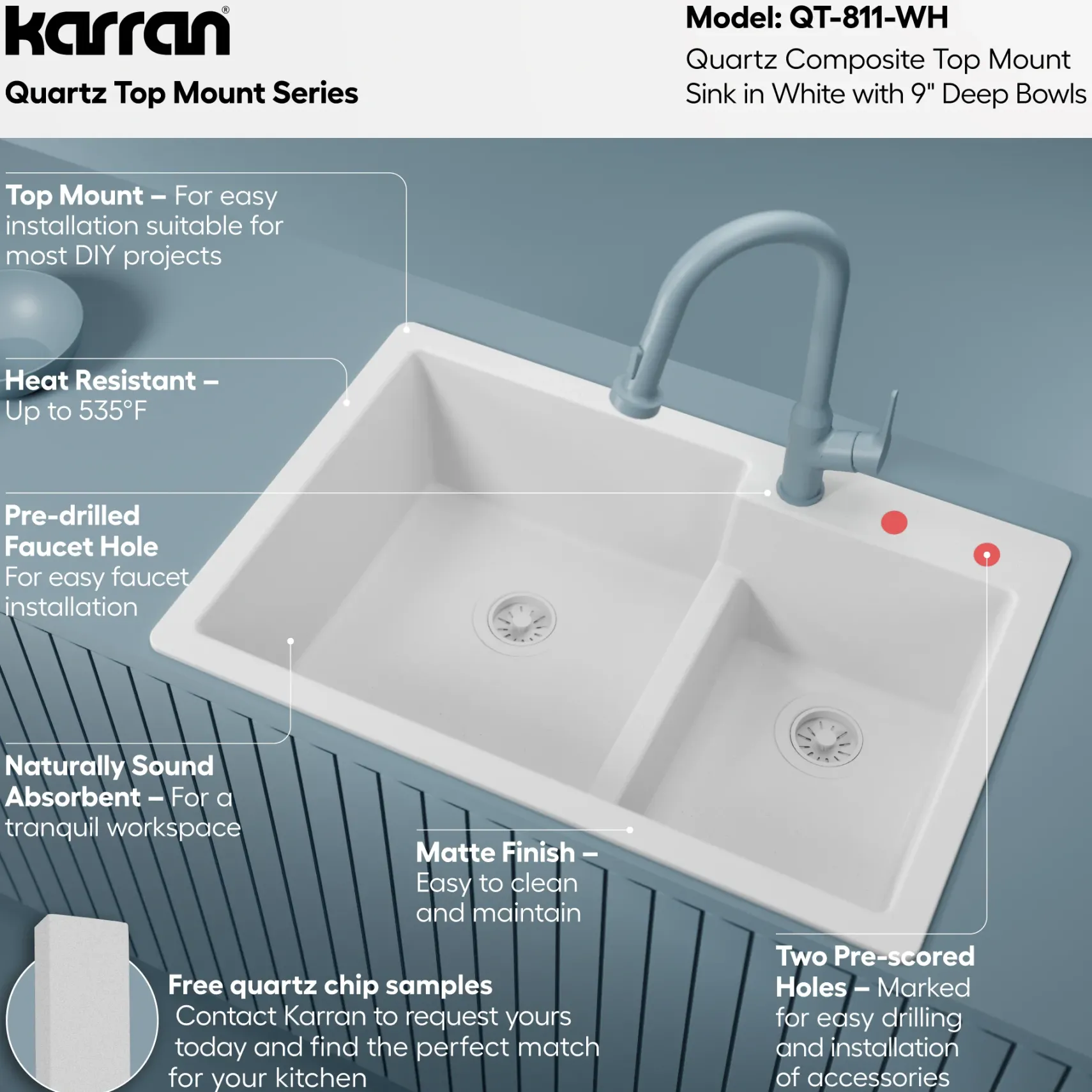 Karran 33" Drop In/Topmount Quartz Composite Kitchen Sink, 60/40 Double Bowl, White, QT-811-WH